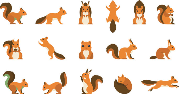 Modern geometric flat vector set of cute squirrels in various poses for nature, wildlife, and forest animal designs