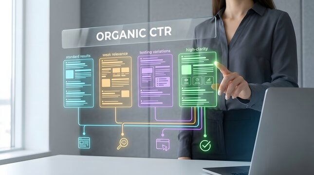 Organic click through rate optimization with data analysis and businesswoman