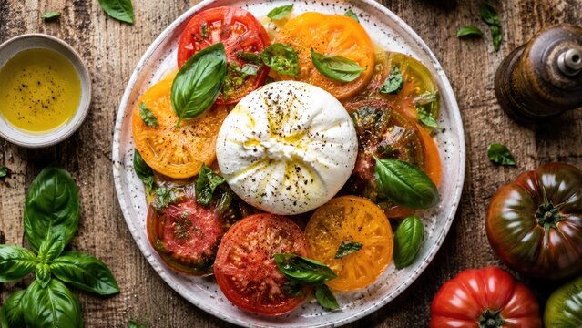 Fresh Burrata Cheese with Heirloom Tomatoes Basil and Olive Oil