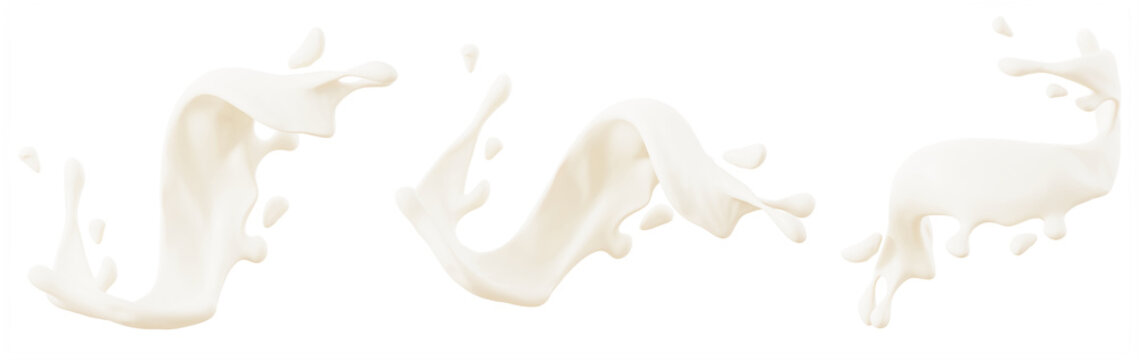 3d milk splash waves set isolated on blue background. White liquid swirl of dairy product, yogurt or cream flow with drops. Healthy drink, protein shake pouring, realistic render icon