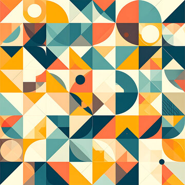 Geometric retro pattern with squares, triangles, and circles in warm orange, teal, and cream colors, abstract design