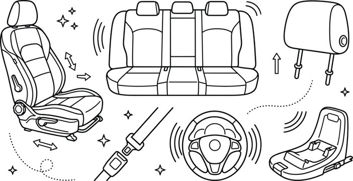 Car seat and interior cabin comfort line art vector set with front passenger chair back bench headrest safety belt steering wheel
