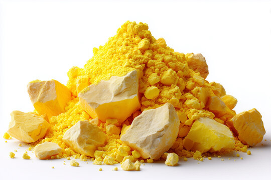 vibrant yellow sulfur mineral rocks pile isolated on white background