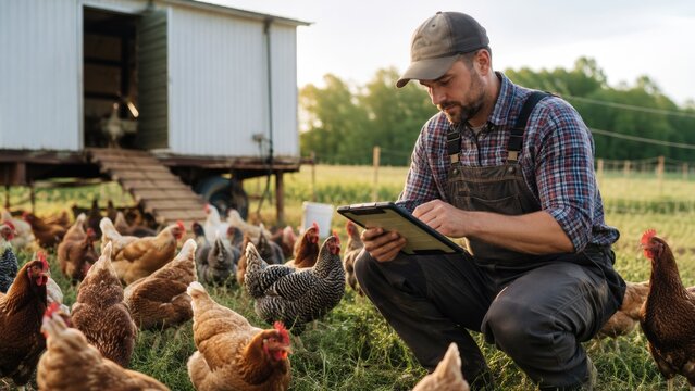 Poultry Farmer Inspecting Free Range Chickens Using Digital Tablet on Farm