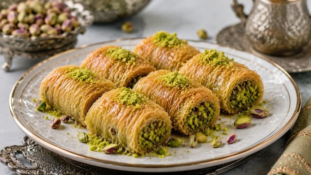Baklava Rolls with Pistachio Filling on Elegant Serving Plate Traditional Middle Eastern Dessert