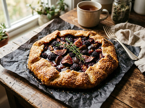 Rustic homemade blackberry and fig galette sprinkled with sesame seeds on wooden kitchen table with displays freshly baked fruit galette topped fresh figs blackberries rustic wooden table side tea