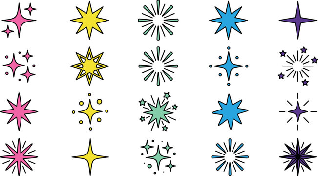 Colorful magic sparkle and star twinkle vector icon set with retro geometric bursts flashes isolated on white background