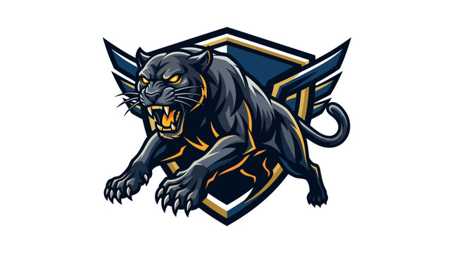 Aggressive black panther mascot logo featuring a shield and wings