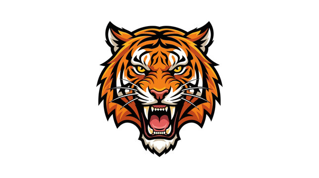 Fierce orange tiger mascot head with roaring mouth and fangs on white background