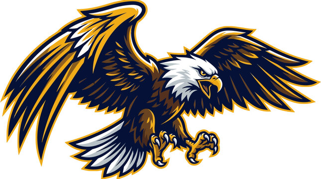 Powerful bald eagle mascot illustration with spread wings and sharp talons for sports logo design