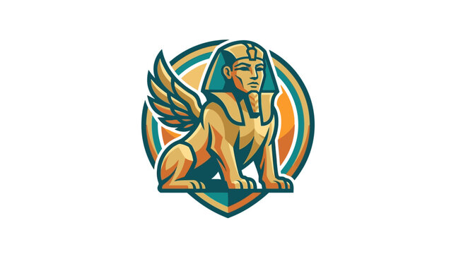 Majestic gold and teal winged sphinx mascot logo with circular shield emblem for creative branding