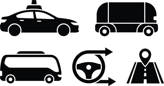 Autonomous vehicle and smart transportation icon set vector illustration featuring self-driving car, automated delivery pod, futuristic bus, autopilot steering wheel, and GPS map pin