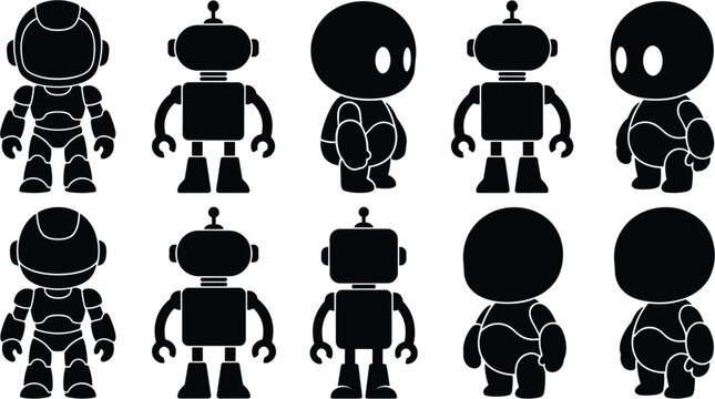 Cute cartoon robot character silhouette icon set vector illustration featuring various futuristic android figures, mechanical cyborgs, and toy bots in different poses.
