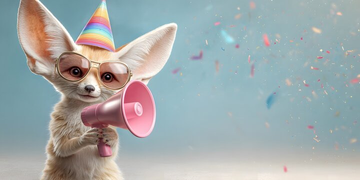 Fennec Fox Wearing Glasses and Party Hat Holding Megaphone