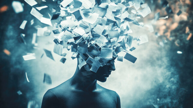 Office worker with papers and documents exploding from his head representing information overload and mental stress