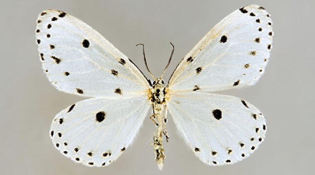 Butterfly with white wings and black spots on a neutral background