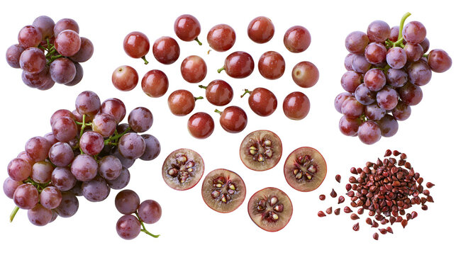 Red grapes cluster scattered berries sliced fruits, and seeds