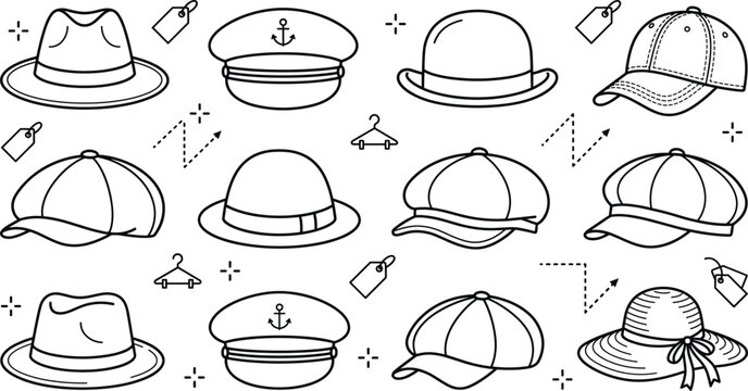 Collection of minimalist headwear line art icons including baseball caps baker boy hats fedoras bowler and sunhat vectors
