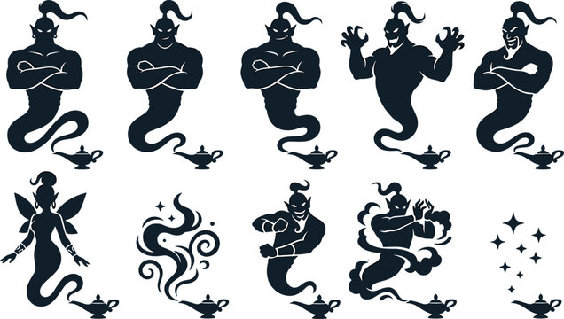 Magic genie silhouette vector icon set with fantasy spirit emerging from aladdin lamp isolated on white background