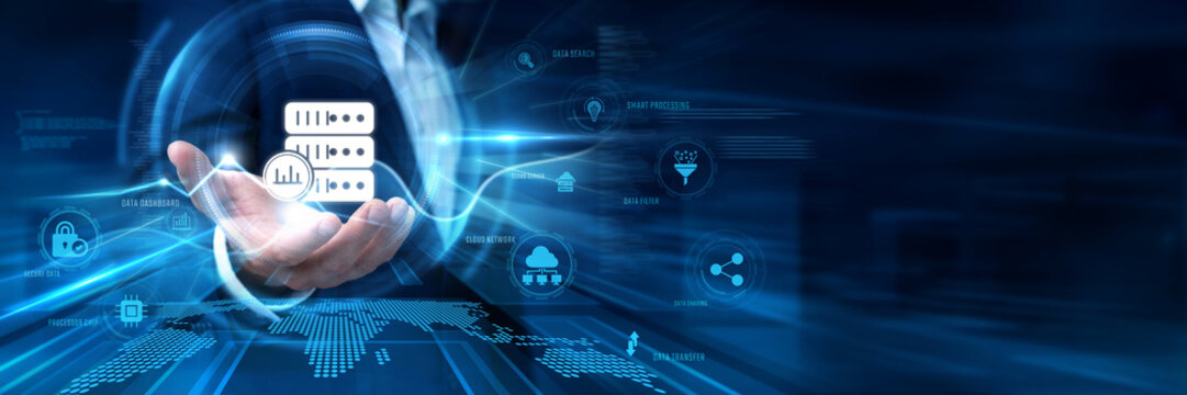 Businessman Hand Hold Big Data and global cloud data networking. Analytics technology, information database management, server infrastructure hosting, cyber computing security, business insight
