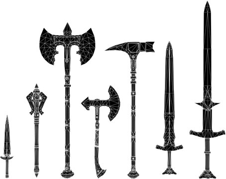 Hyper detailed low poly polygon asset bundle representing traditional knight armor weapons collection with sharp blades and blunt impact tools