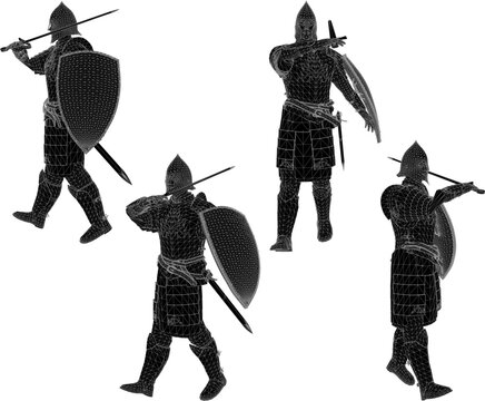 Historical vector clipart series featuring an elite templar knight soldier in polished silver body armor equipped with a regular fighting sword and shield
