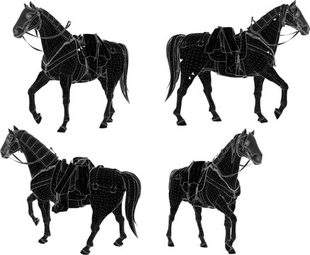 Hyper detailed low poly polygon asset pack representing a noble royal steed horse with protective champion barding plating and saddle base
