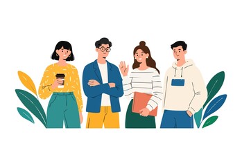 Obraz premium Row of young people gathering together and marching, cartoon vector