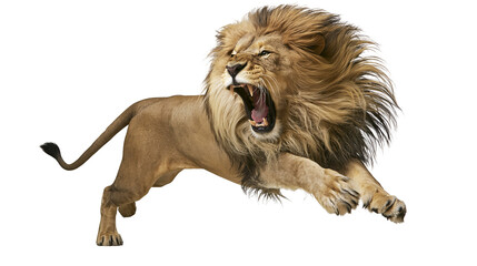 Lion roaring and jumping with open mouth and mane flying © Lubos