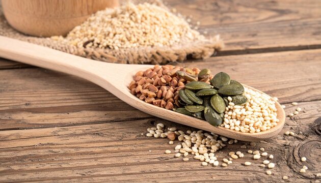 wooden spoon with healthy grains natural style