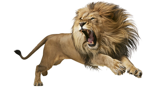 Lion roaring and jumping with open mouth and mane flying