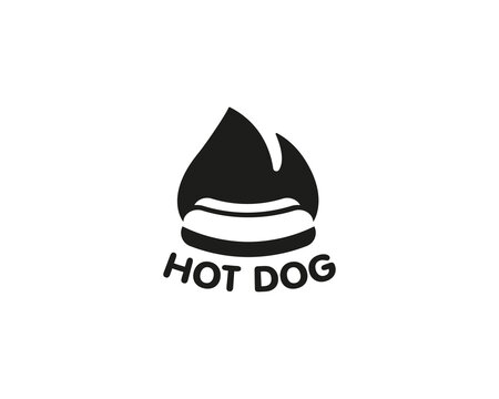 Minimalist hot dog logo design with a flame icon. A creative, bold logotype for fast food restaurants, street food stands, snack bars, diners, and grill-themed culinary brands.
