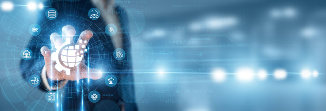 Innovation Director hand holding Digital Transformation and data networking, corporate tech integration, business modernization strategy, legacy system evolution.