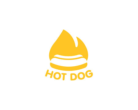 Vibrant hot dog logo design featuring a stylized flame. A modern, eye-catching logotype for street food vendors, fast food joints, snack bars, bbq grills, and casual dining brands.