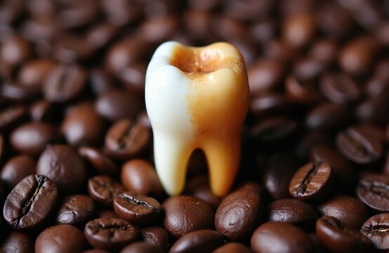Tooth half stained brown on coffee bean background. Symbolizes bad habit like drinking coffee staining teeth enamel causing discoloration and decay.