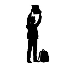 Black silhouette of student holding sign, school boy with backpack raising placard, educational protest or welcome message vector isolated on White Background