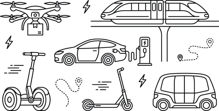 Future transport smart mobility vector line art set with drone car monorail scooter segway shuttle and charging station