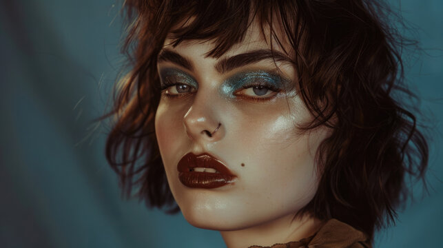 Fashion portrait of beautiful woman model with emerald glitter eyeshadow and brown lipstick against neutral background