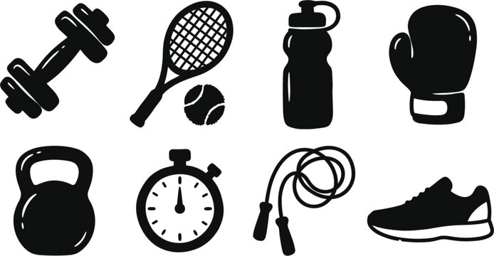 Fitness training and gym workout gear icon set vector illustration featuring dumbbell, tennis racket, boxing glove, kettlebell, stopwatch, and running shoe.