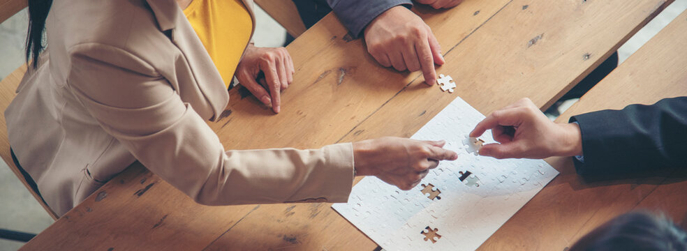 Banner Business connections strategy synergy team solution. Banner Implement puzzle improve communication solve synergy team connection plan trust strategy. Piece of jigsaw assembly with copy space