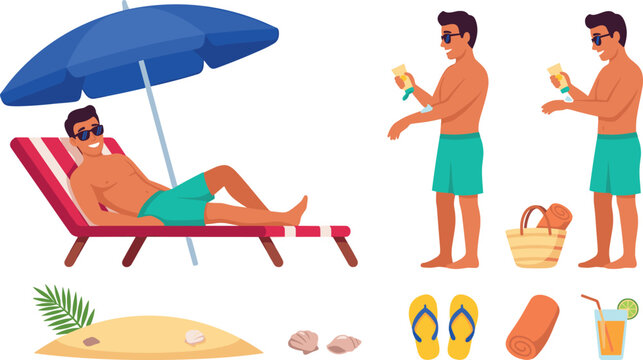 Summer beach vacation character vector set with man sunbathing under umbrella applying sunscreen lotion isolated on white background