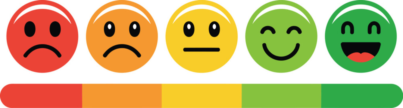 Feedback rating vector set, satisfaction level, customer review, emoji faces and user experience icons for quality assessment, surveys and business analytics.