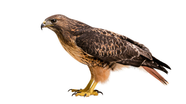 Red-tailed hawk bird of prey with brown plumage and yellow talons