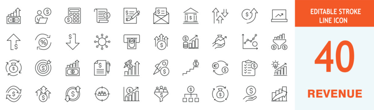Set of 40 revenue and finance line icons, business growth, investment, profit, banking, money management, editable stroke vector illustration