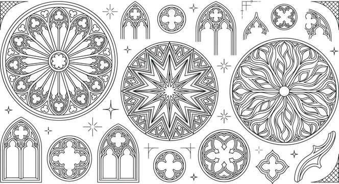 Gothic architecture cathedral rose window line art vector set with cathedral arches church traceries and medieval geometric ornament
