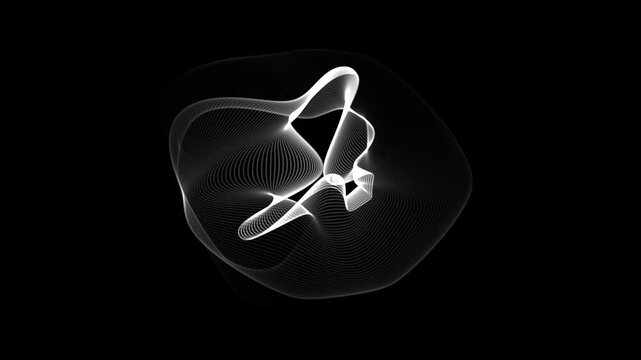 Abstract flowing white wavy lines forming a3D torus shape on a black background bright