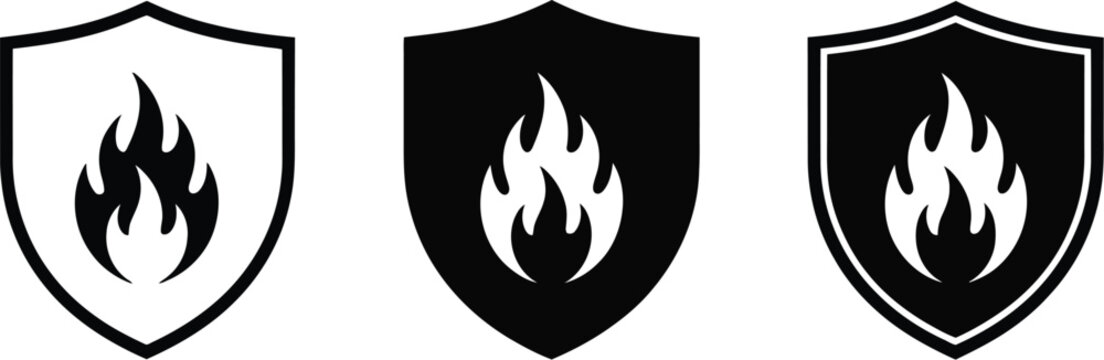 Fire protection shield icon, safety symbol featuring flame inside protective shield for fire prevention, emergency preparedness and workplace security concepts.