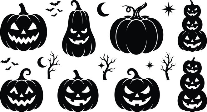 Halloween pumpkin silhouette vector set with spooky jack o lantern faces bats crescent moons and scary dead trees
