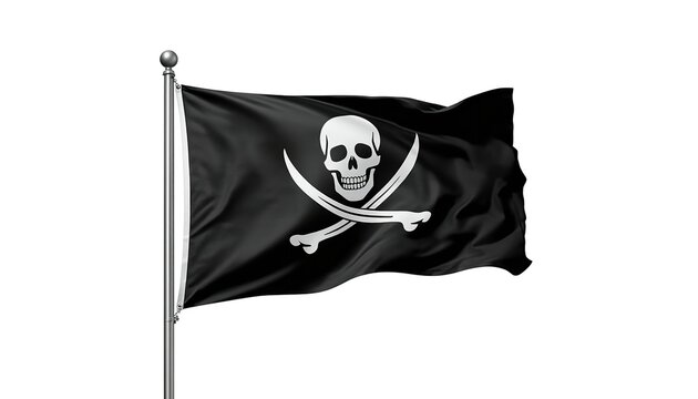Jolly Roger pirate flag with skull and crossbones waving on a flagpole stock photo