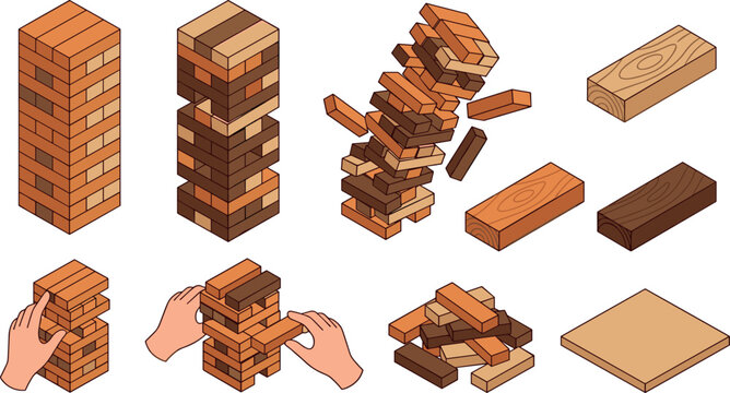 Wooden block tower game vector isometric illustration set with tumbling bricks crashing tower and hands playing isolated on white background